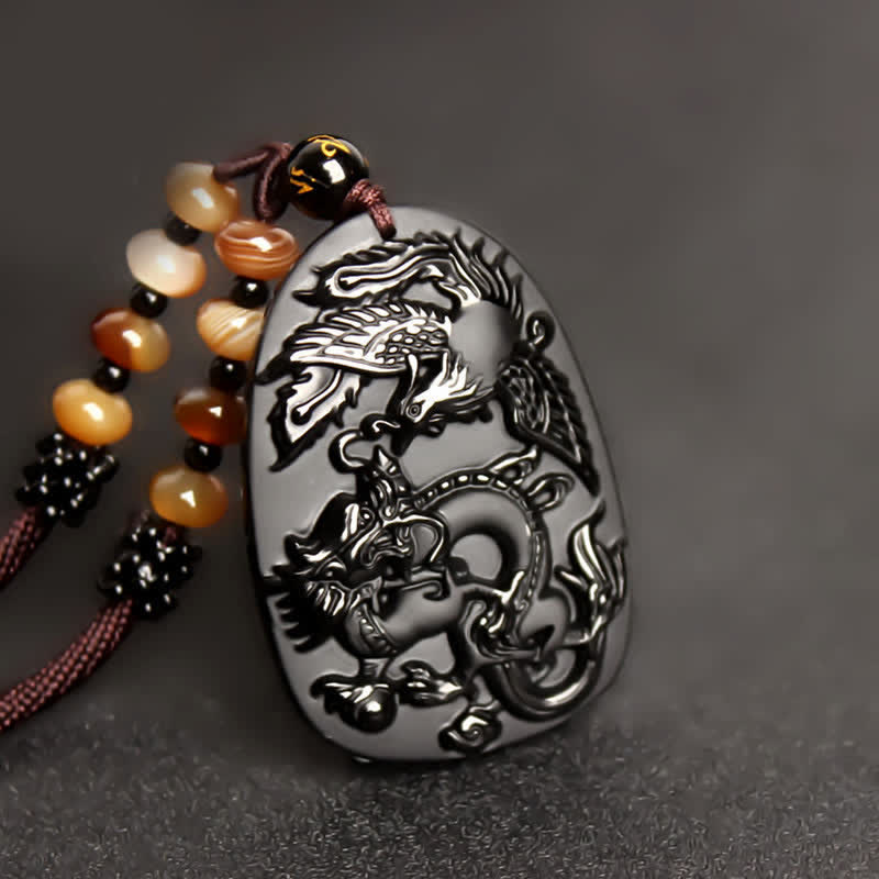 Fortune Jewel Black Obsidian Tiger Eye Dragon Phoenix Protection Beaded Necklace Pendant