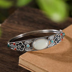 Fortune Jewel Cyan Jade White Jade Flower Leaf Harmony Luck Bracelet Bangle
