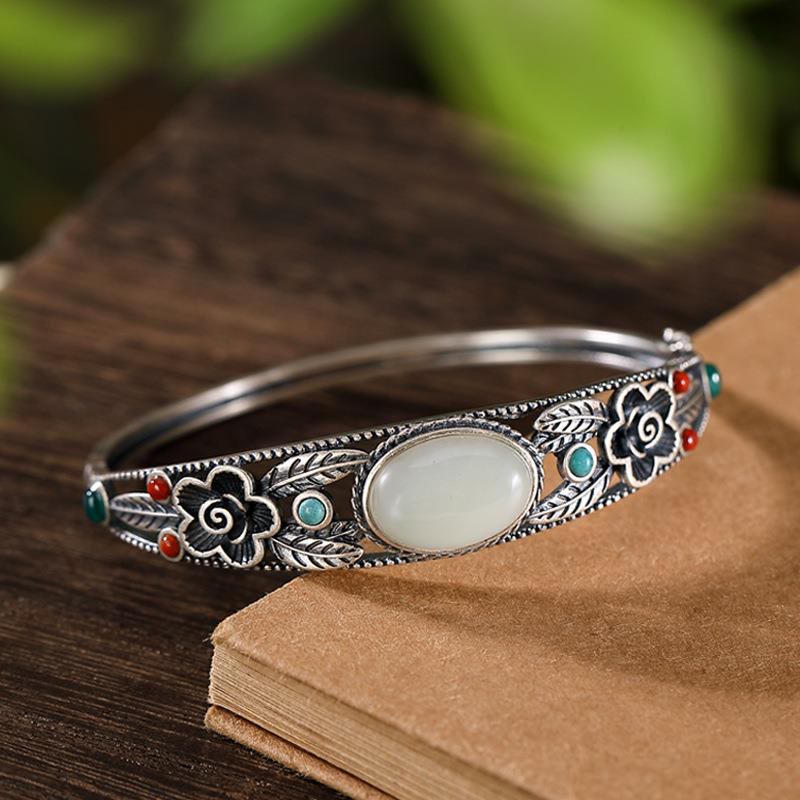 Fortune Jewel Cyan Jade White Jade Flower Leaf Harmony Luck Bracelet Bangle