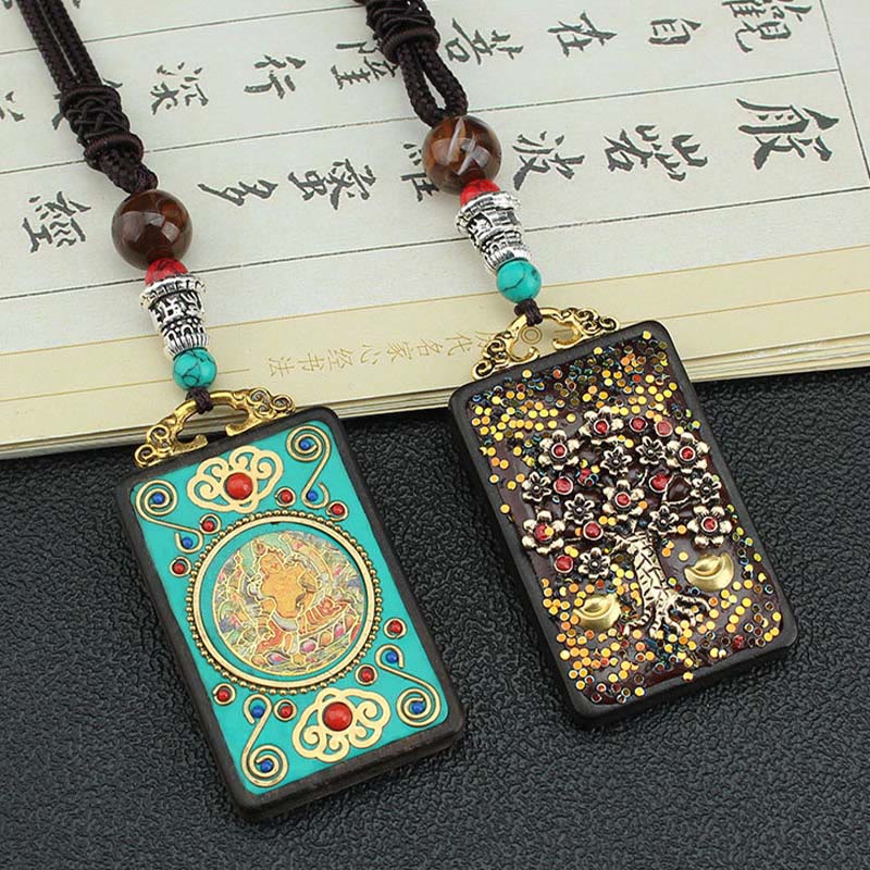 Fortune Jewel Tibet God Of Wealth Money Tree Golden Phoenix Thangka Ebony Peace Necklace Pendant