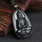 Fortune Jewel Chinese Zodiac Natal Buddha Natural Black Obsidian Purification Necklace Pendant