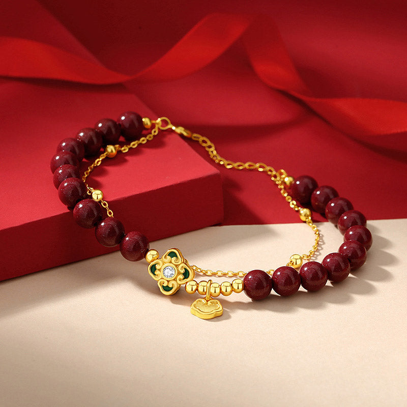 Fortune Jewel 925 Sterling Silver Natural Cinnabar Four Leaf Clover Flower Blessing Chain Bracelet