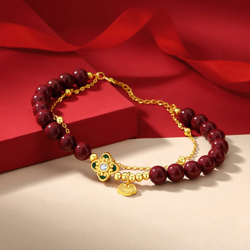 Fortune Jewel 925 Sterling Silver Natural Cinnabar Four Leaf Clover Flower Blessing Chain Bracelet