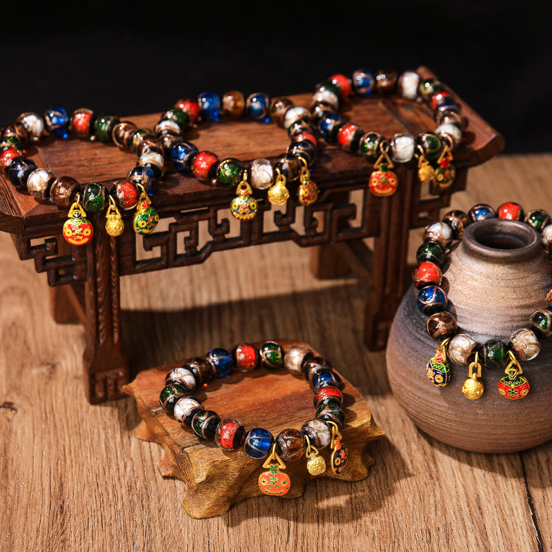 Fortune Jewel Five Elements Gold Swallowing Beast Family Charm Liuli Glass Bead Luck Bracelet