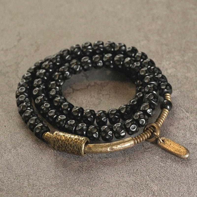 Fortune Jewel Retro Coconut Shell Brass Copper Happiness Triple Wrap Bracelet