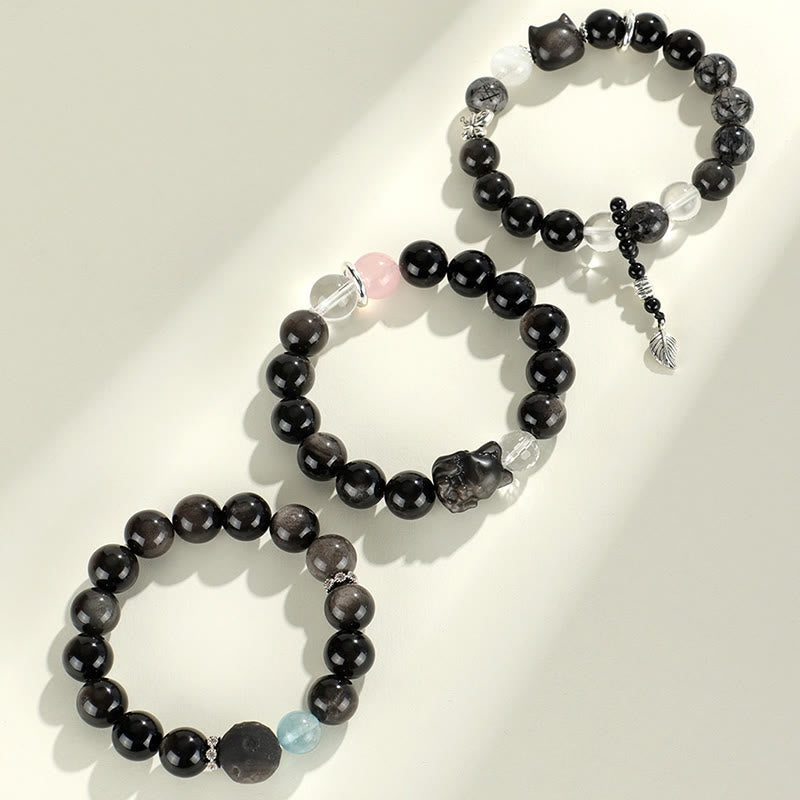Fortune Jewel Natural Silver Sheen Obsidian Cat Head Fox Planet Protection Bracelet