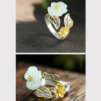 Fortune Jewel 925 Silver Plated Copper White Jade Plum Flower Leaf Luck Ring