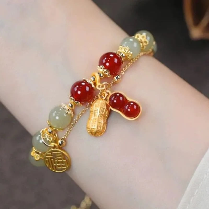 Fortune Jewel Jade Leaf Ginkgo Tulip Peanut Fu Character Luck Beaded Bracelet