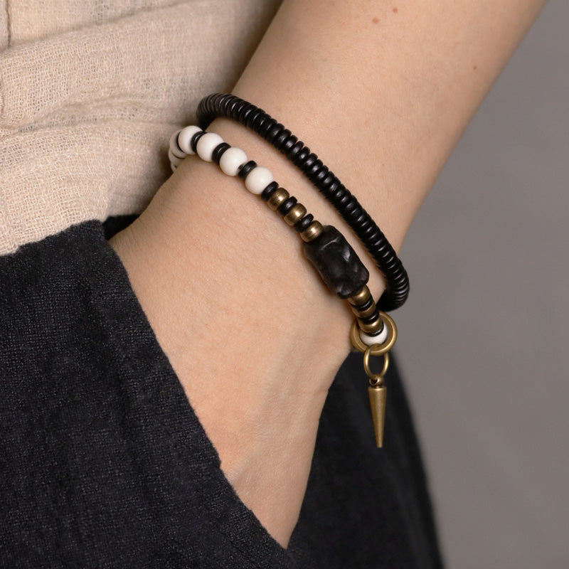 Fortune Jewel Bone Beads Ebony Wood Copper Strength Couple Bracelet