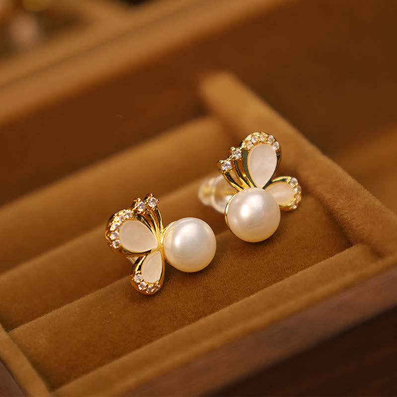 Fortune Jewel 925 Sterling Silver Posts 18K Gold Plated Copper Natural Pearl Butterfly Zircon Healing Stud Earrings