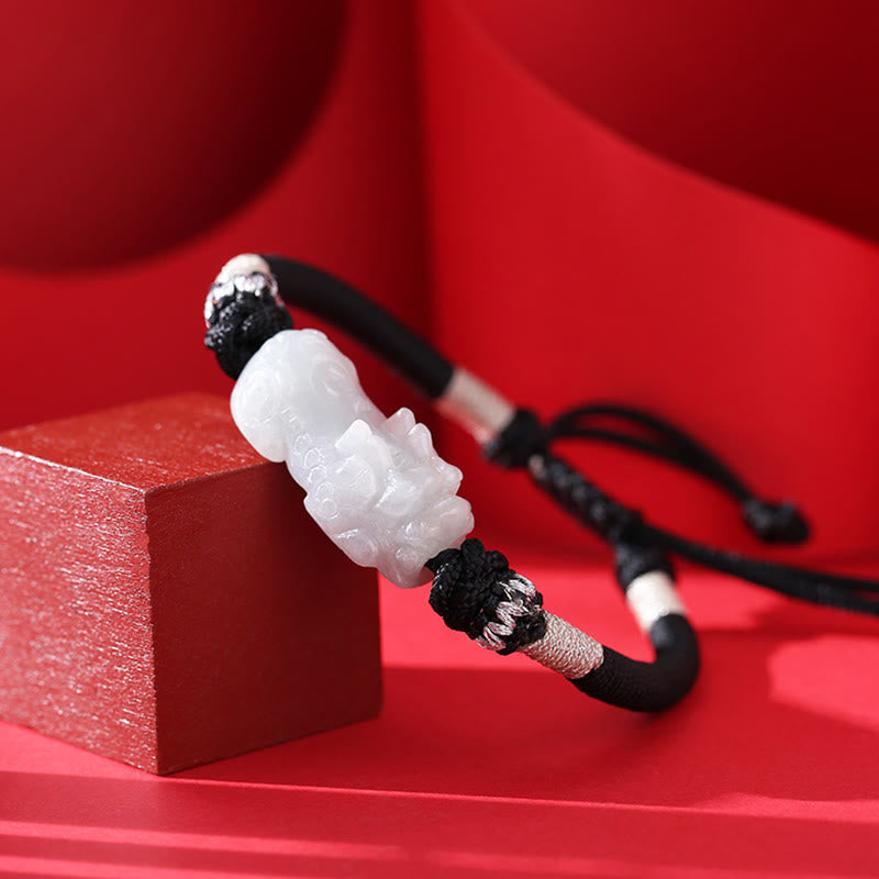 Fortune Jewel Handmade Natural Jade PiXiu Luck Prosperity Braided String Bracelet
