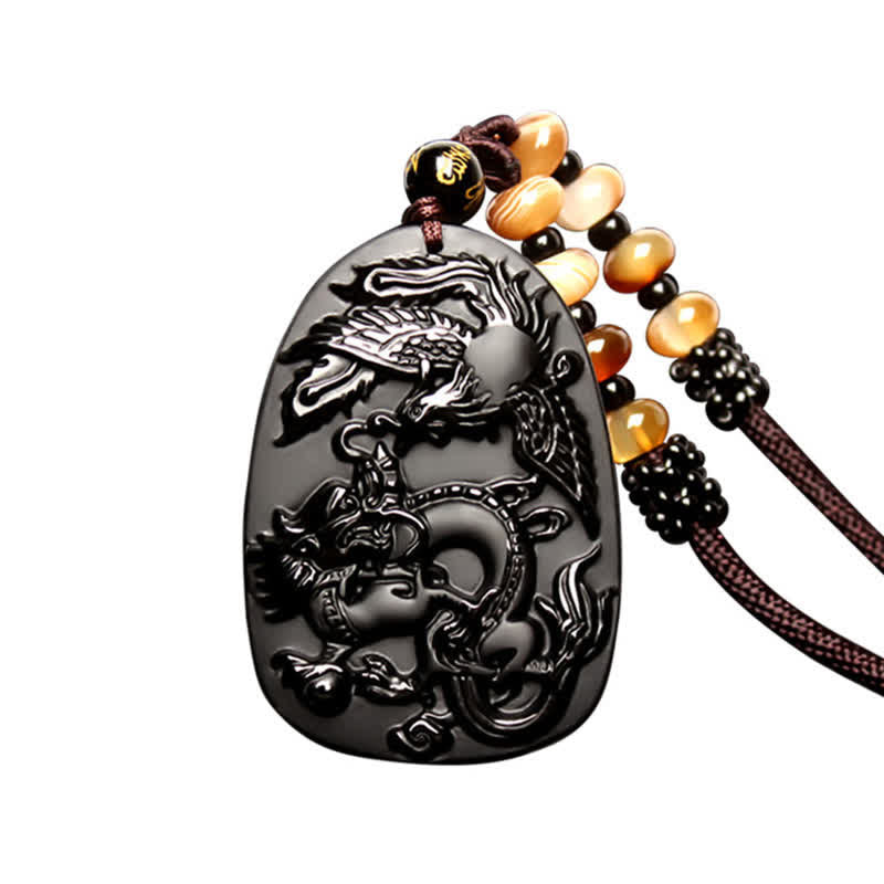 Fortune Jewel Black Obsidian Tiger Eye Dragon Phoenix Protection Beaded Necklace Pendant