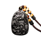 Fortune Jewel Black Obsidian Tiger Eye Dragon Phoenix Protection Beaded Necklace Pendant