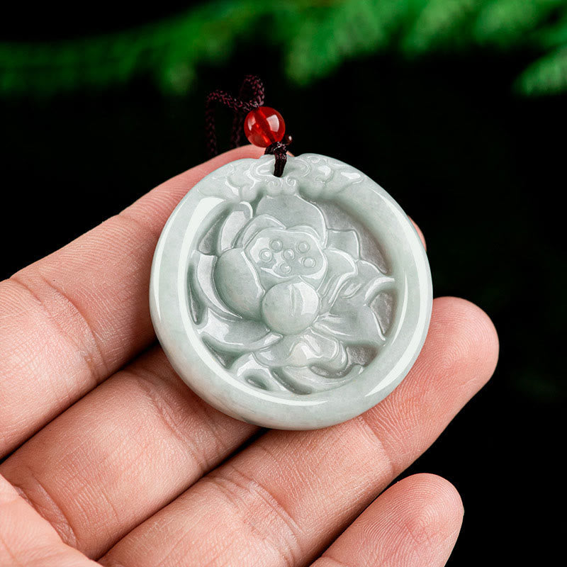 Fortune Jewel Natural Jade Lotus Flower Carved Prosperity Necklace Pendant Fortune Jewel
