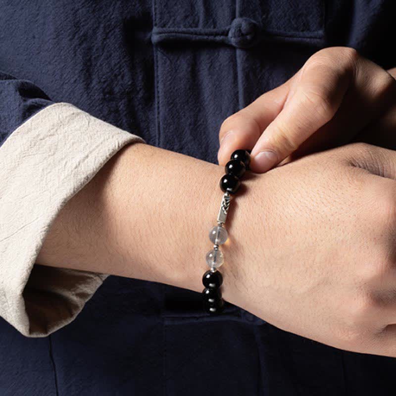 Fortune Jewel 925 Sterling Silver Obsidian Moonstone Strength Couple Bracelet