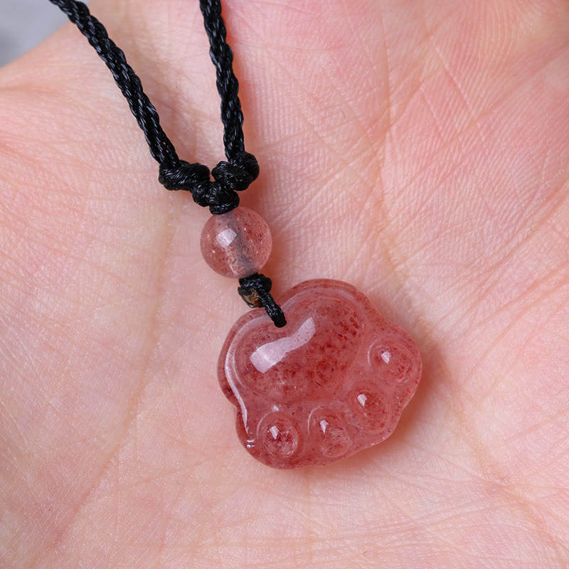 Fortune Jewel Strawberry Quartz Lovely Cat Paw Claw Healing Necklace Pendant