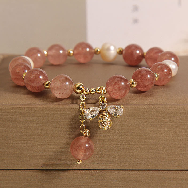Fortune Jewel Strawberry Quartz Pearl Cute Zircon Honeybee Positive Charm Bracelet