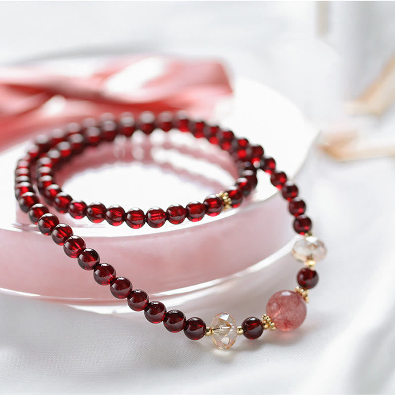 Fortune Jewel 14K Gold Plated Natural Garnet Strawberry Quartz Stability Double Wrap Bracelet