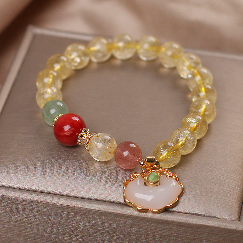 Fortune Jewel Natural Citrine White Jade Strawberry Quartz Protection Charm Bracelet