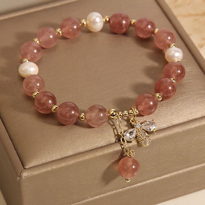 Fortune Jewel Strawberry Quartz Pearl Cute Zircon Honeybee Positive Charm Bracelet