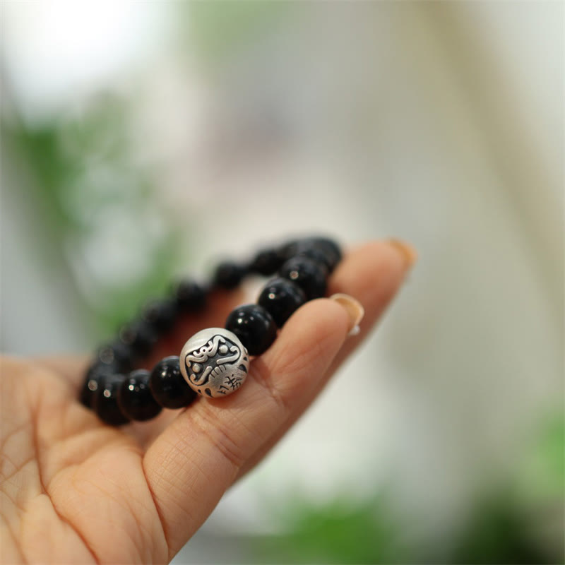 Fortune Jewel 925 Sterling Silver Black Onyx Bead Character Engraved Protection Bracelet