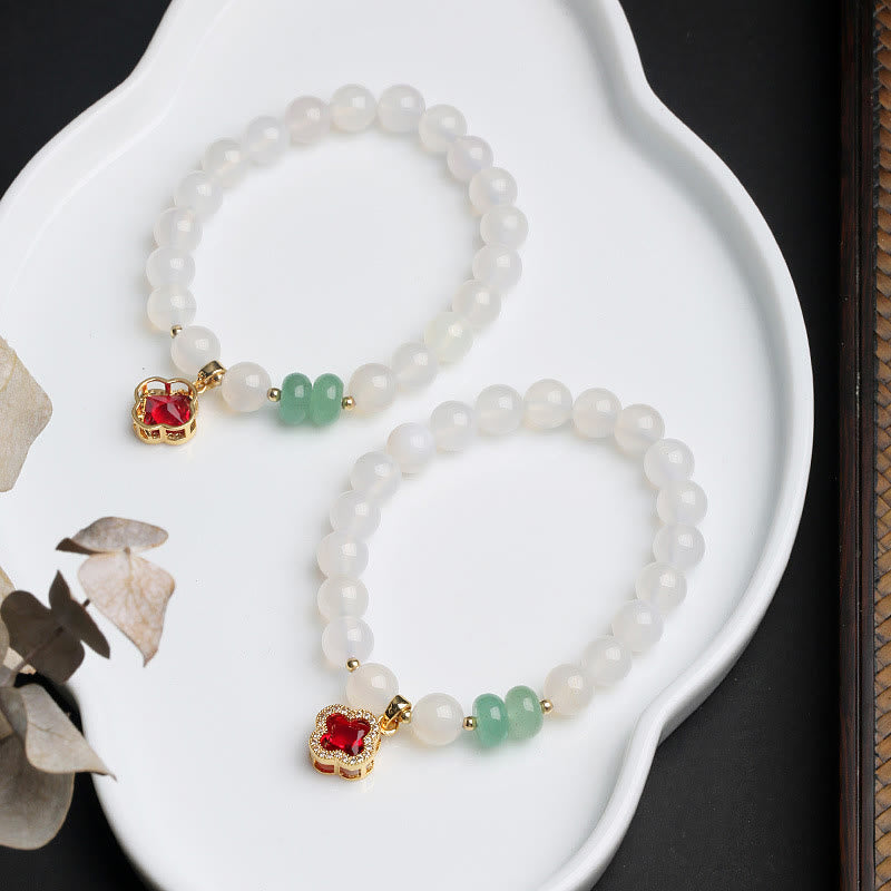 Fortune Jewel Natural White Agate Red Agate Money Bag Fu Character Four Leaf Clover Protection Bracelet