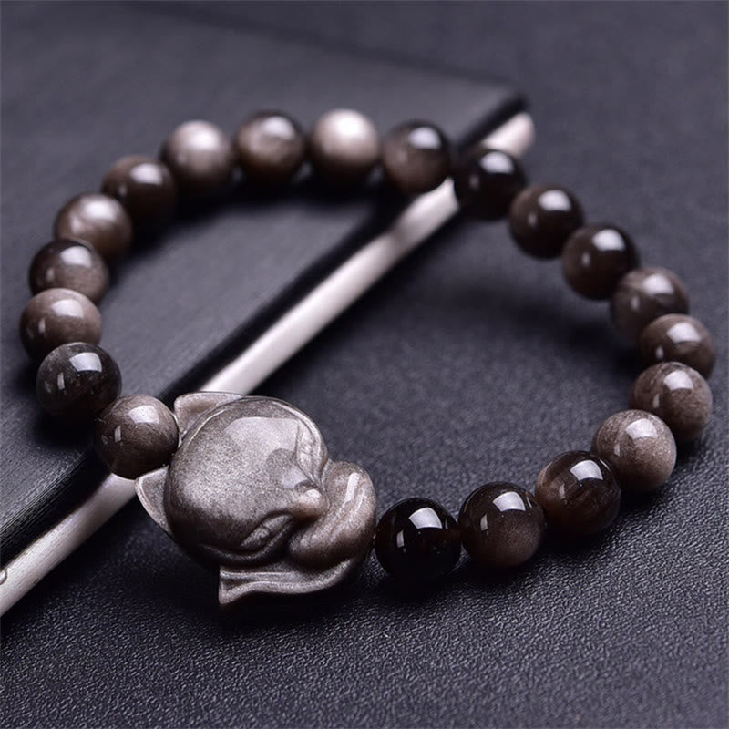 Fortune Jewel Natural Silver Sheen Obsidian Fox Protection Bracelet