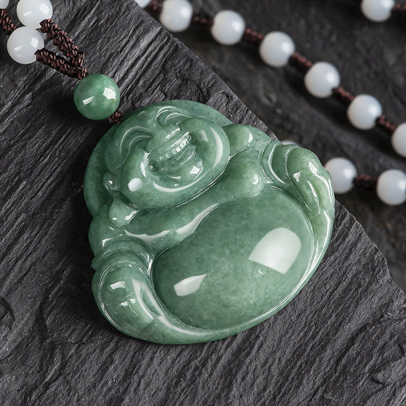 Buddha Stones Laughing Buddha Cyan Jade Harmony Necklace String Bead Pendant Fortune Jewel