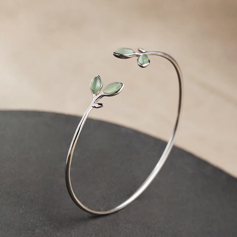 Fortune Jewel Leaf Pattern Cat Eye Support Cuff Bracelet Bangle