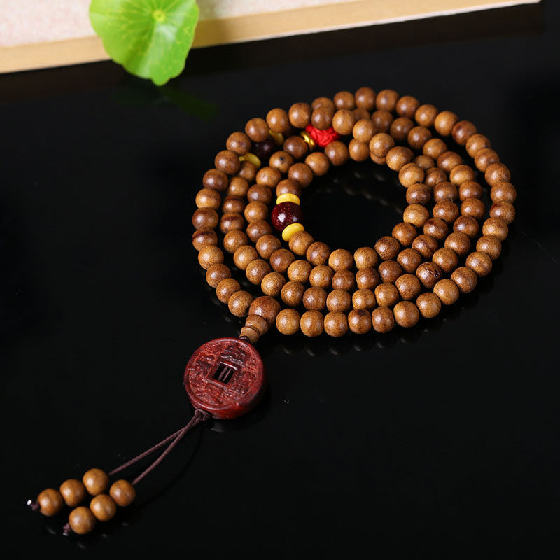 Fortune Jewel 108 Mala Beads Peach Wood Bodhi Seed Lotus Prayer Meditation Bracelet