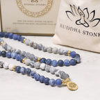 Fortune Jewel 108 Natural Picasso Jasper & Blue Stone Mala Bead Lotus Pendant Bracelet