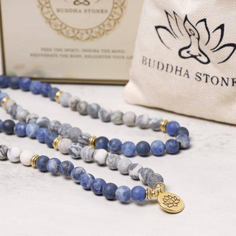 Fortune Jewel 108 Natural Picasso Jasper & Blue Stone Mala Bead Lotus Pendant Bracelet