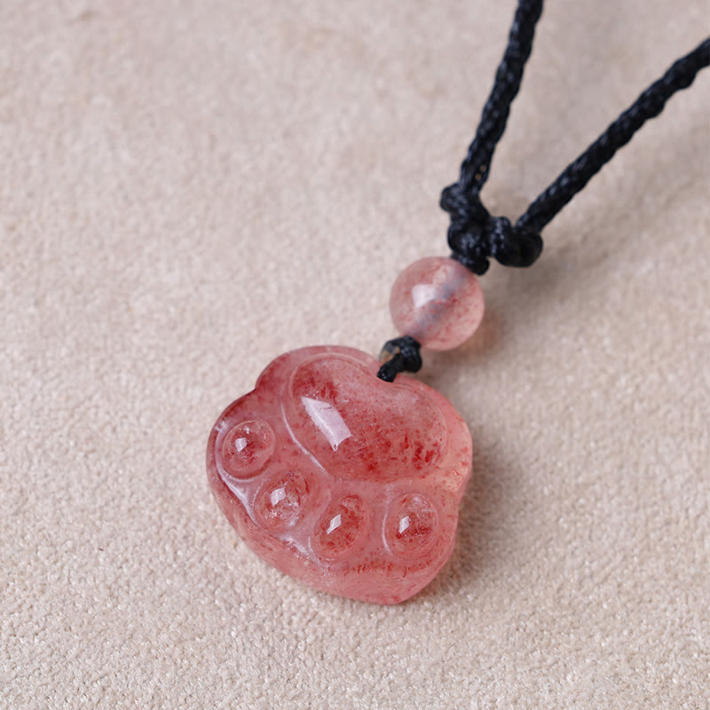 Fortune Jewel Strawberry Quartz Lovely Cat Paw Claw Healing Necklace Pendant