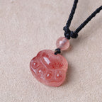 Fortune Jewel Strawberry Quartz Lovely Cat Paw Claw Healing Necklace Pendant