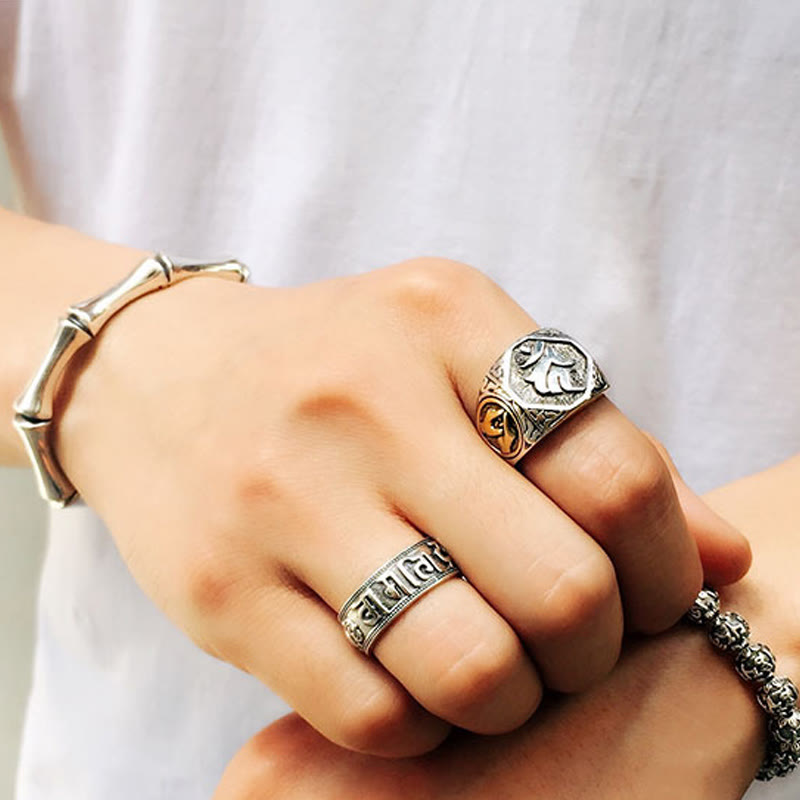 Fortune Jewel 925 Sterling Silver Sanskrit Design Carved Protection Adjustable Ring