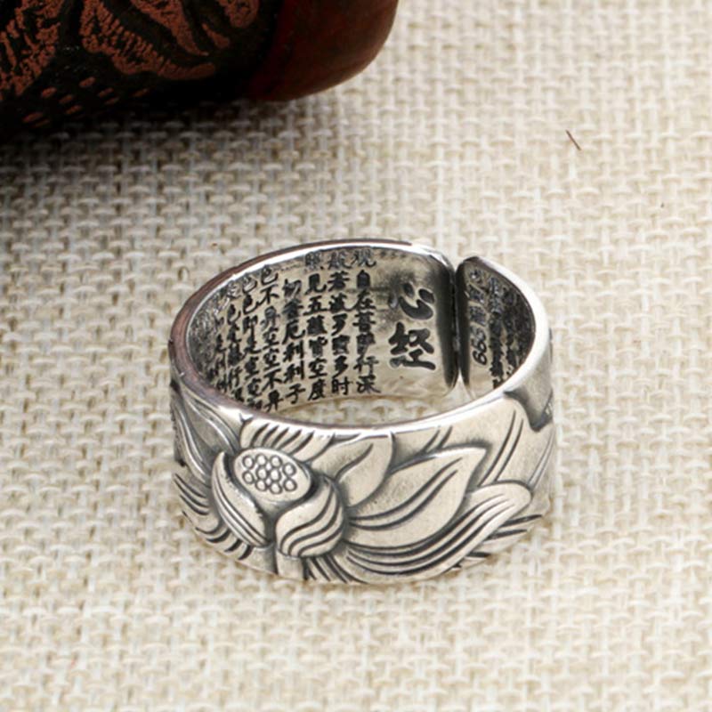 Fortune Jewel 999 Sterling Silver Lotus Symbol Heart Sutra Protection Ring Fortune Jewel
