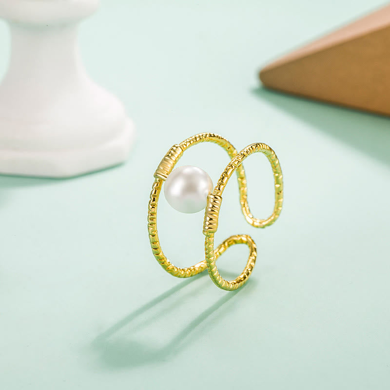 Fortune Jewel Round Jade Pearl Bead Double Layer Copper Luck Adjustable Ring