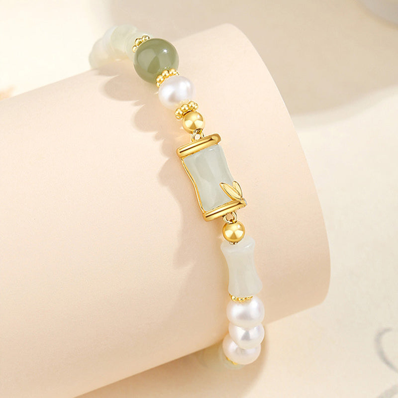 Fortune Jewel 925 Sterling Silver Natural Hetian White Jade Bamboo Luck Blessing Bracelet