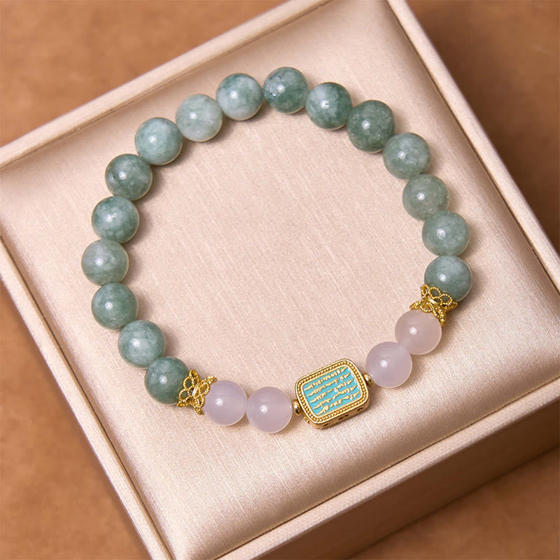 Fortune Jewel Natural Green Jade White Agate Five Scriptures Abundance Bracelet