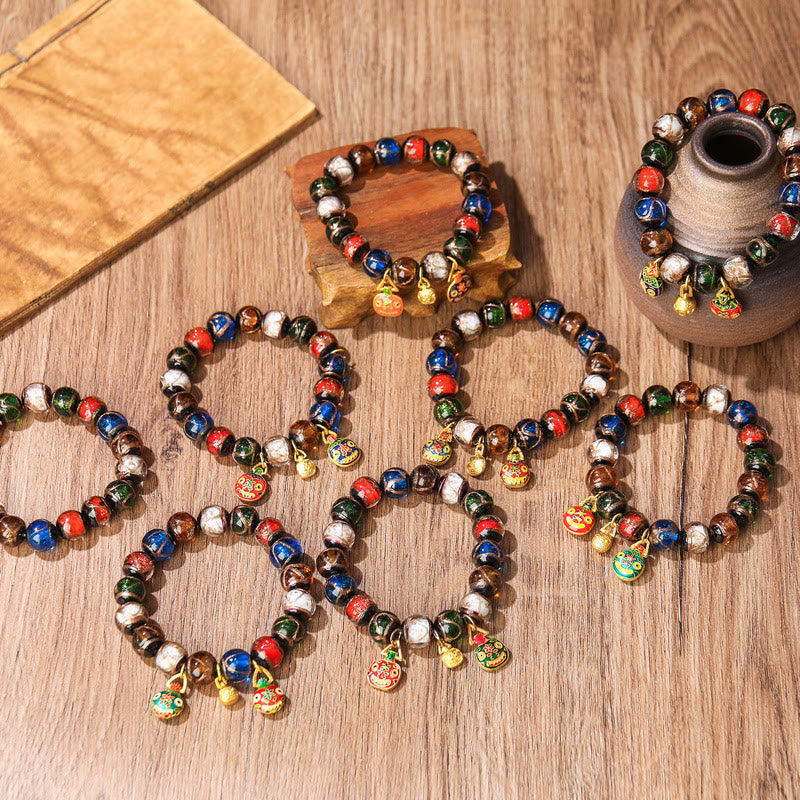 Fortune Jewel Five Elements Gold Swallowing Beast Family Charm Liuli Glass Bead Luck Bracelet