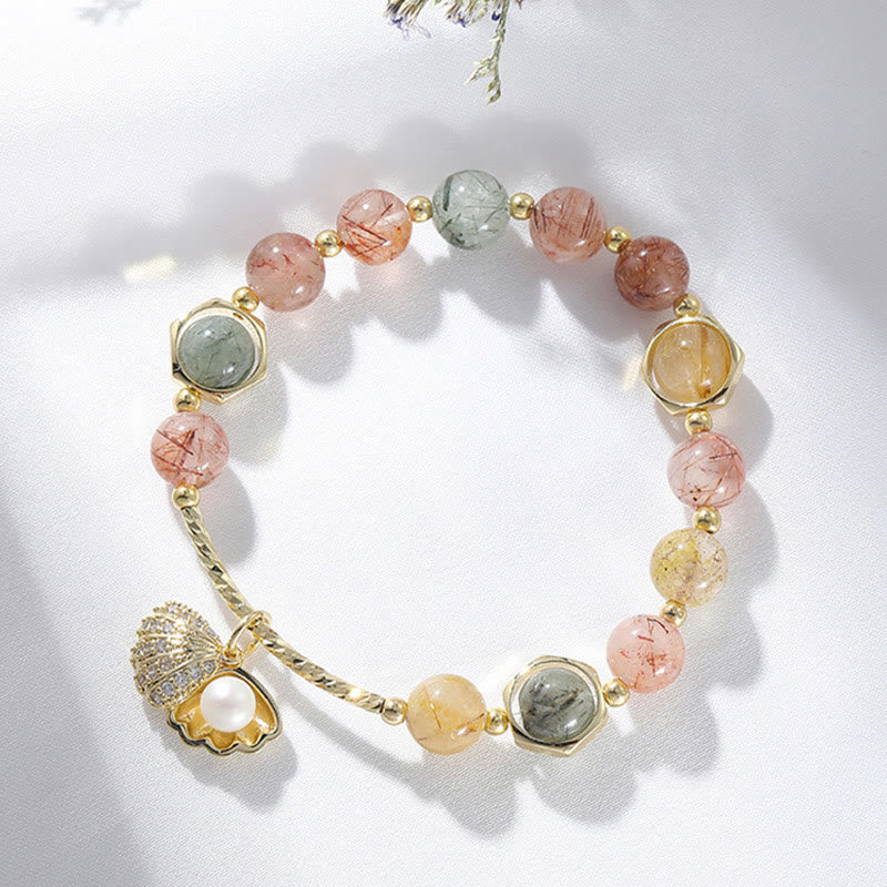 Fortune Jewel Natural Colorful Rutilated Quartz Shell Protection Bead Bracelet