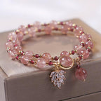 Fortune Jewel Natural Strawberry Quartz Love Healing Maple Leaf Charm Double Wrap Bracelet