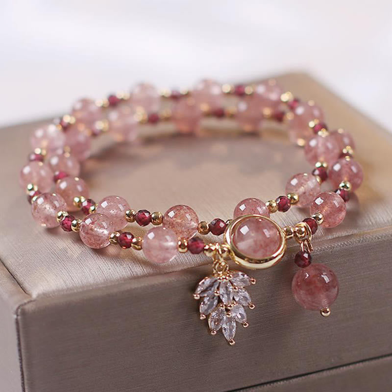 Fortune Jewel Natural Strawberry Quartz Love Healing Maple Leaf Charm Double Wrap Bracelet