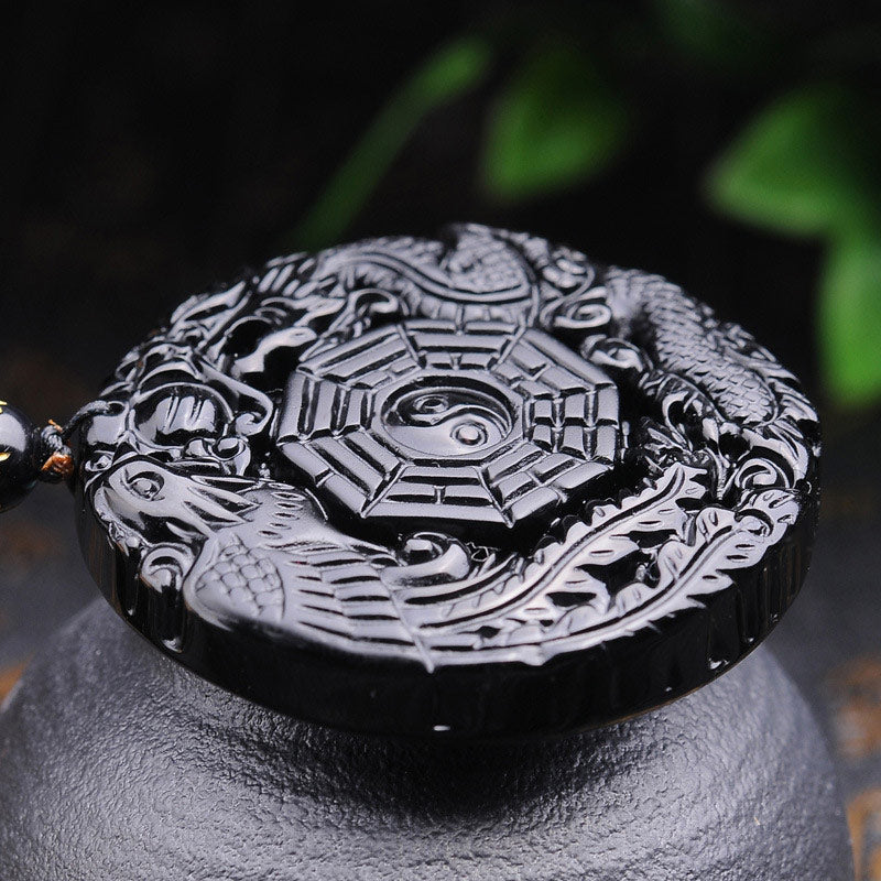 Fortune Jewel Bagua Dragon Phoenix Obsidian Fulfilment Pendant Necklace