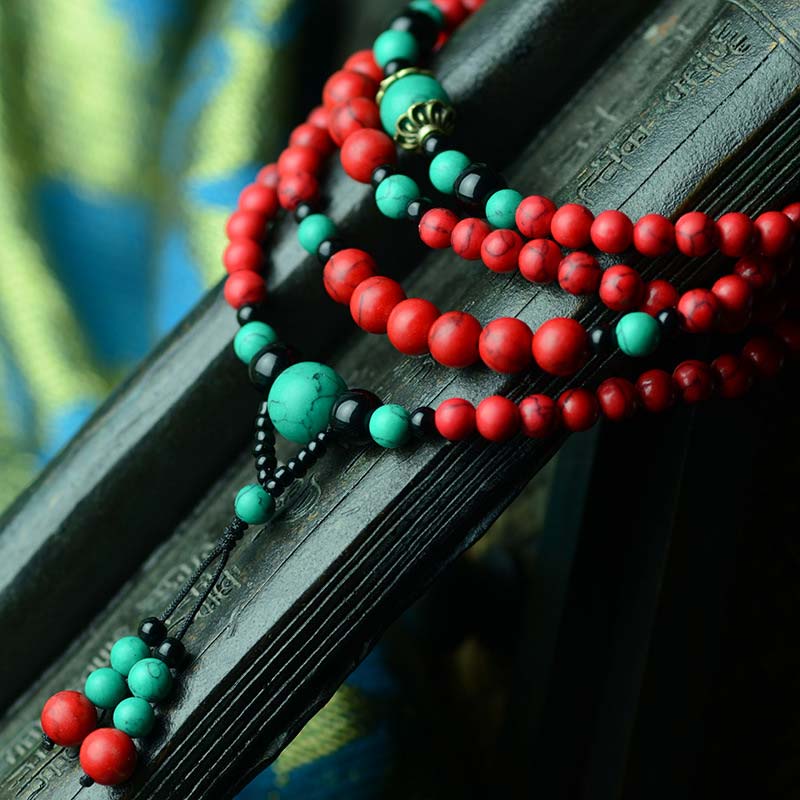 Fortune Jewel Turquoise Black Onyx Red Turquoise Bead Protection Bracelet