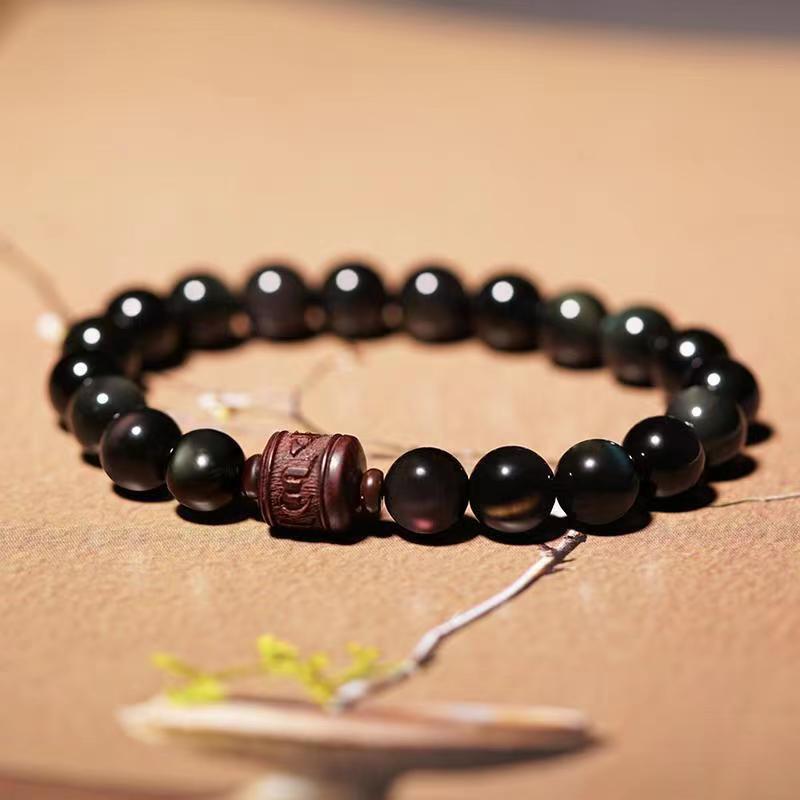 Fortune Jewel Natural Gold Sheen Obsidian Rainbow Obsidian Om Mani Padme Hum Fu Character Healing Bracelet
