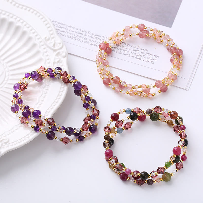 Fortune Jewel Natural Tourmaline Strawberry Quartz Amethyst Peace Wisdom Double Wrap Bracelet