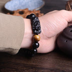 Fortune Jewel Natural Black Obsidian PiXiu Tiger's Eye Strength Bracelet