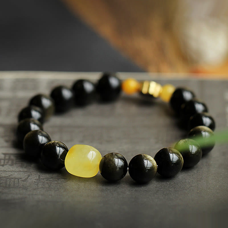 Fortune Jewel 925 Sterling Silver Chinese Zodiac Natal Buddha Natural Gold Sheen Obsidian Amber Wealth Protection Bracelet