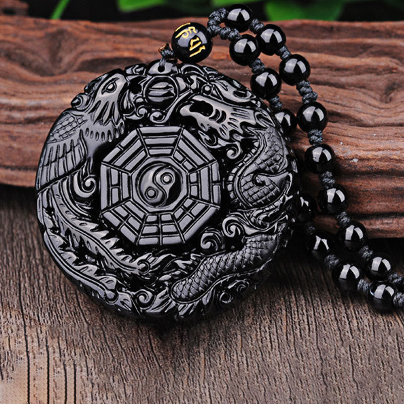 Fortune Jewel Bagua Dragon Phoenix Obsidian Fulfilment Pendant Necklace